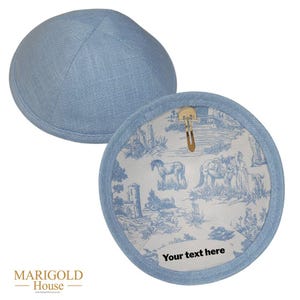 Light Blue Linen Kippah with Toile Print Lining | Personalization included | Bulk order of 20