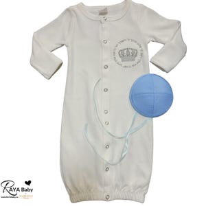 Brit Milah Button Down Gown with Birkat Hakohanim & Velvet Baby Kippah with Silver | Baby Boy Brit Milah Outfit