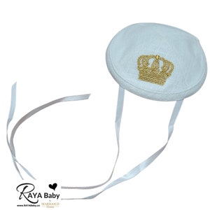 Baby Kippah Crown Design , White Linen with Gold | Up to age 5 Kippah with clip | Baby  Kippah with Strings | Brit Milah Kippahs