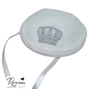 Crown Design Baby Kippah, White Linen | Up to age 5 Kippah with clip | Baby  Kippah with Strings | Brit Milah Kippahs