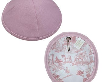 Pink Linen Kippah with Toile Print Lining | Personalization included | Bulk order of 20