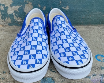 Back in Stock!!! Custom Vans Dodgers blue checkerboard Slip on Vans brand new women sizes. Free Shipping