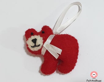 Felt Christmas Bear Ornament Hanging Decoration. Handmade from 100 % Wool