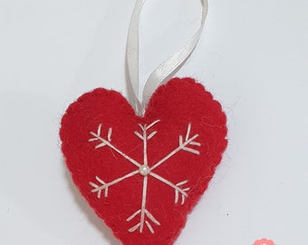 Felt Christmas Heart Ornament Hanging Decoration. Handmade from 100 % Wool