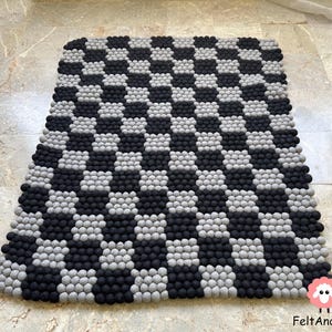 SALE 80 cm x 100 cm Rectangle Felt Ball Rugs / Black and Grey . 100 % Wool Carpet (Free Shipping)