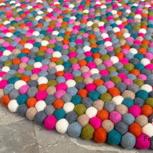 SALE Felt Ball Rugs 115 cm. Shades of Pink, Blue, White and Grey . 100 % Wool pebble Handmade Rug (Free Shipping)