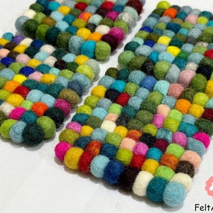 Felt Ball Square Coasters 10 cm x 10 cm , Housewarming Gift, New Home Gift. 100 % Wool