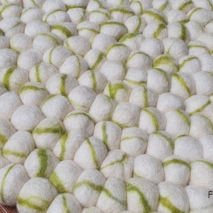 Felt Ball Rugs with Tie Dye Marble Base color White and Stripes Green . 100 % Wool pebble Handmade Rug (Free Shipping)