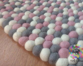 Round Felt Ball Rugs. Pink,Grey and White . 100 % wool Handmade Nepal Rug (Free Shipping)