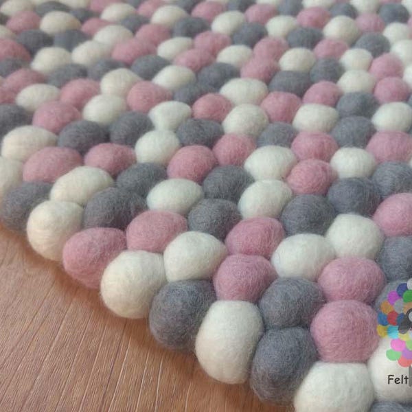 Round Felt Ball Rugs. Pink,Grey and White . 100 % wool Handmade Nepal Rug (Free Shipping)