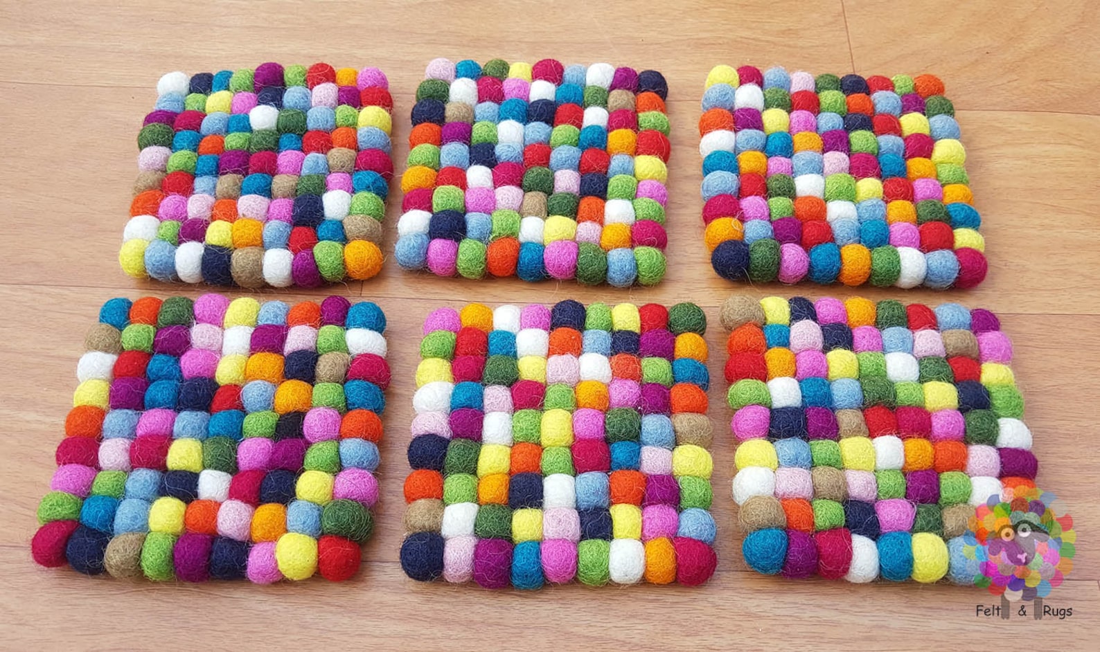 Square Felt Ball Coasters Set of 6 Coasters Multicolor Etsy