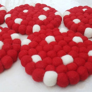 Felt Ball Coasters, Set of 6 coasters , Red with White Spots coasters, Housewarming Gift , New Home Gift. 100 % Wool