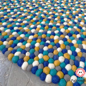 SALE Felt Ball Rugs 95 cm. Shades of Blue, Yellow, White and Grey . 100 % Wool pebble Handmade Rug (Free Shipping)