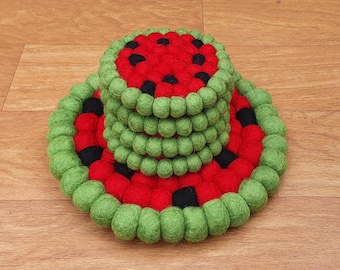 Watermelon Felt Ball Trivet and Coasters Set. 100 % Wool