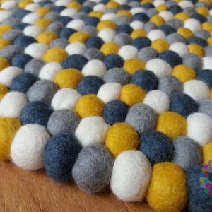 Felt Ball Rugs. Mustard Yellow / White / Light Grey and dark Grey Nursery Rug (Free Shipping)