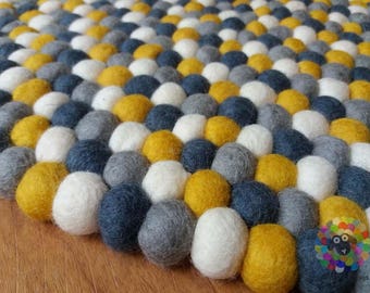 Felt Ball Rugs. Mustard Yellow / White / Light Grey and dark Grey Nursery Rug (Free Shipping)