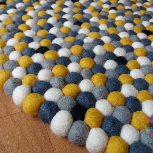 Felt Ball Rugs. Mustard Yellow / White / Light Grey and Dark Etsy