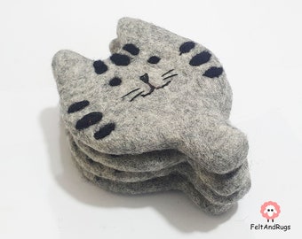 Felted Cat Coaster Set: Handmade Wool Drink Coasters