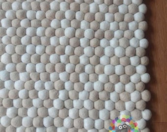Rectangle Felt Ball Rug. White and Off-White Random Mix. 100 % Wool Carpet (Free Shipping)