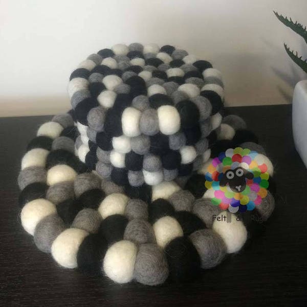 Felt Ball Trivet and Coasters Set. 100 % Wool