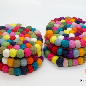 Felt Ball Coasters, Set of 6 coasters , Multicolor coasters, Rainbow Coasters, Housewarming Gift , New Home Gift. 100 % Wool