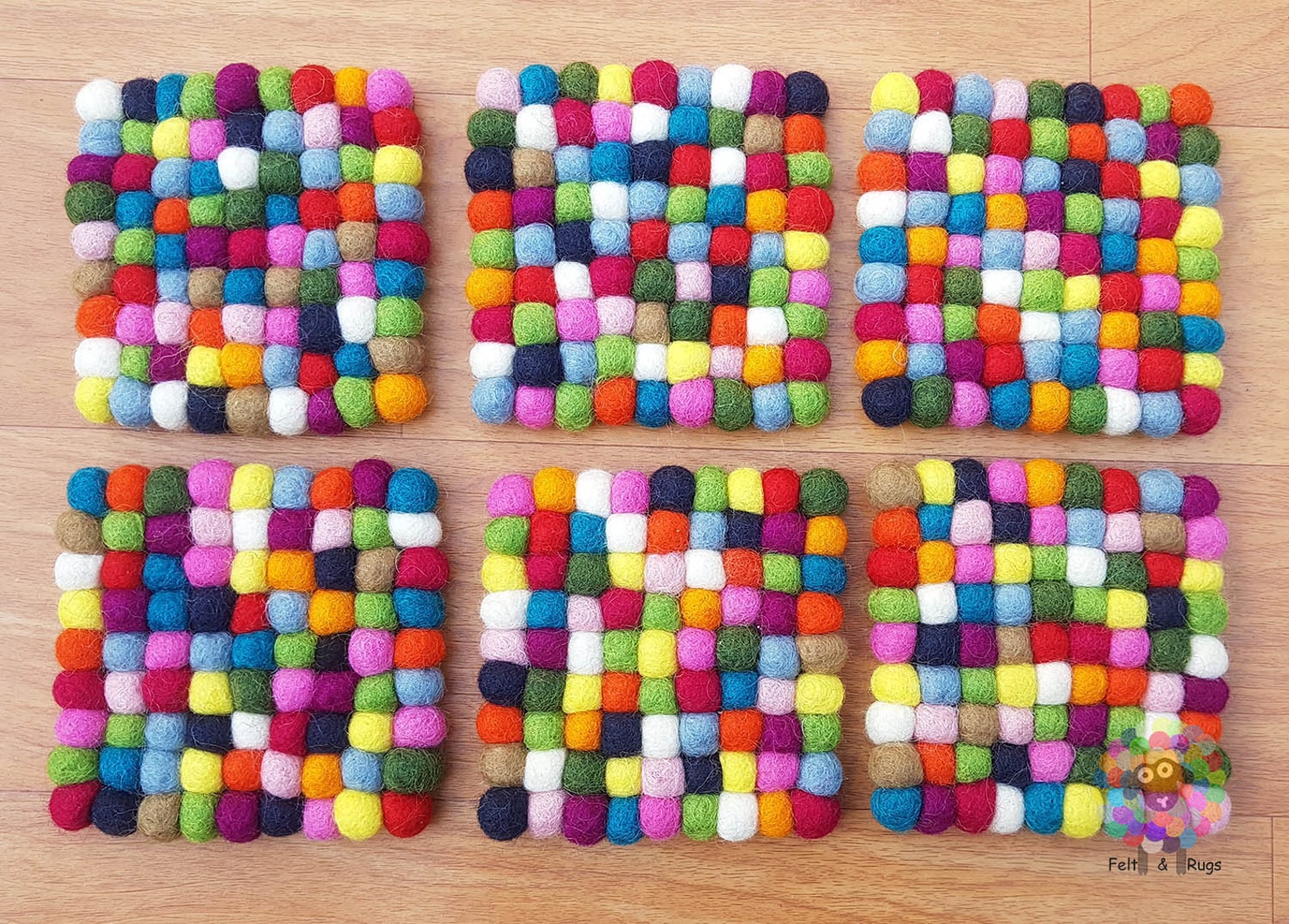 Square Felt Ball Coasters Set of 6 Coasters Multicolor Etsy