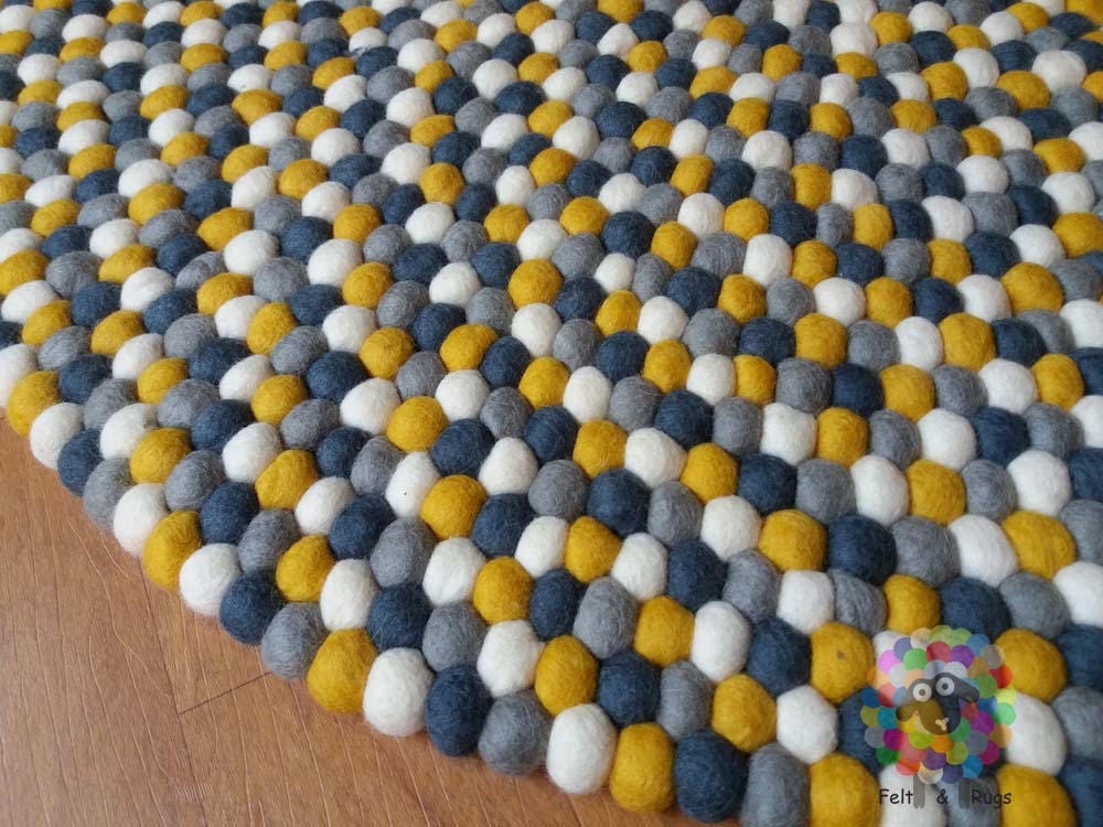 Felt Ball Rugs. Mustard Yellow / White / Light Grey and Dark Etsy