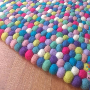 Felt Ball Rug . Bright shades of mix color . 100 % Wool pebble Handmade Rug (Free Shipping)