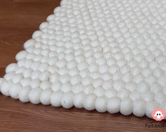 White Rectangle Felt Ball Rug  100 % Wool Carpet (Free Shipping)