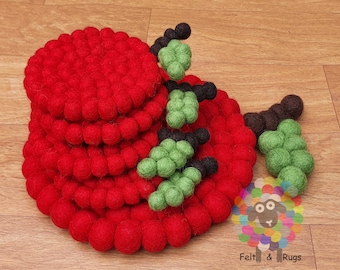 Red Cherry Felt Ball Trivet and Coasters Set. 100 % Wool
