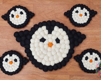 Penguin Felt Ball Trivet and Coasters Set. 100 % Wool