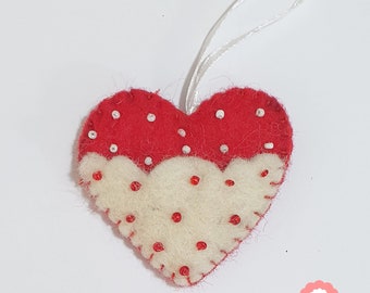 Felt Christmas Heart Ornament Hanging Decoration. Handmade from 100 % Wool