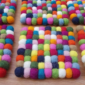Square Felt Ball Coasters, Set of 6 coasters , Multicolor coasters, Rainbow Coasters, Housewarming Gift , New Home Gift. 100 % Wool