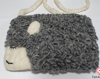 Monedero Animal de fieltro, bolso de hombro para niños hecho a mano de lana 100%. Hecho en Nepal