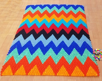 Rectangle Zig Zag Pattern Felt Ball Rug Handmade in Nepal . 100 % Wool Carpet (Free Shipping)