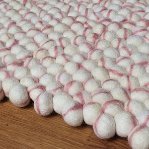 Rectangle Felt Ball Rugs with Tie Dye Marble Base color White with Pink Stripes . 100 % Wool pebble Handmade Rug (Free Shipping)