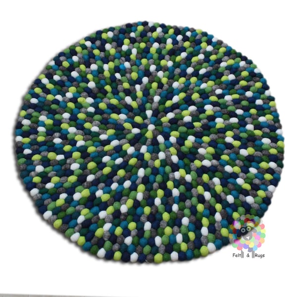 Felt Ball Rug 20 cm - 250 cm  Shades of Green and Blue  (Free Shipping)