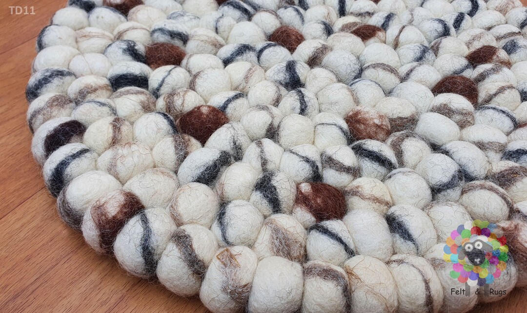 Round Felt Ball Rug. TD 11 Tie Dye Wool Ball Rug . Pebble Wool Rug