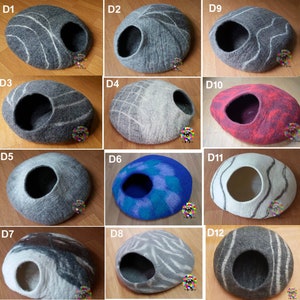 May include: A collection of twelve felted cat caves in various colors and patterns. Each cave is oval-shaped with a circular opening. Colors include gray, blue, red, and white, with striped and marbled designs. These cozy cat beds are designed to provide a secure and comfortable space for pets.