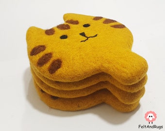 Felted Cat Coaster Set: Handmade Wool Drink Coasters