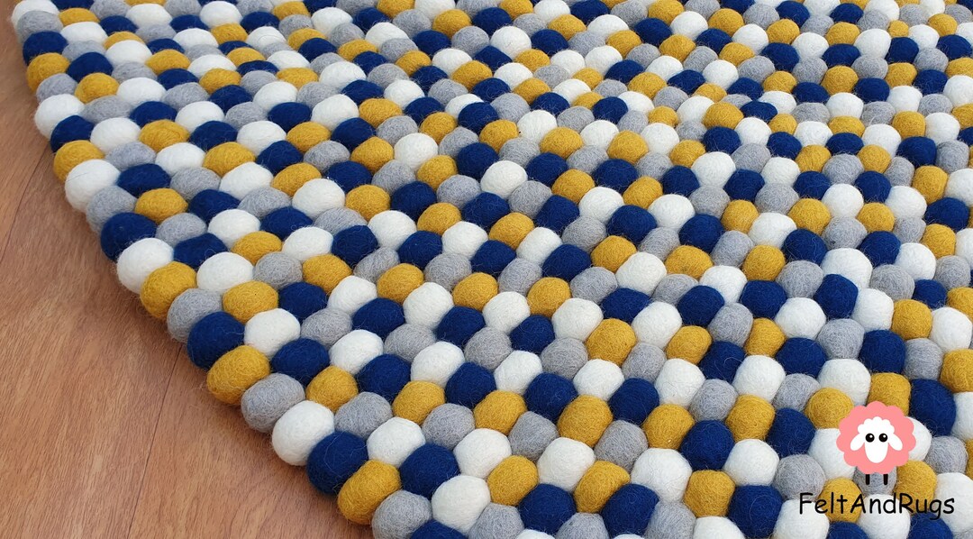 Felt Ball Rugs Mustard Yellow/ Grey / Blue/ White 20 Cm 250 Cm free