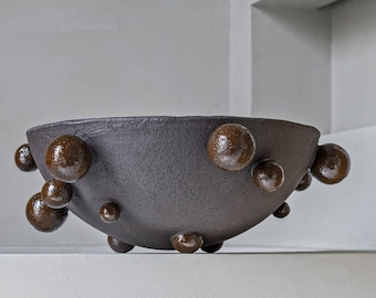 Ceramic centerpiece bowl bubble decor, Extra large black decorative bowl, Handmade stoneware blobs dish, Organic sculptural bobble element