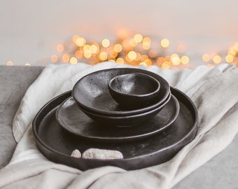 Black dish set for 8, Dinnerware set, Ceramics dinner set handmade, Stoneware tableware rustic, Pottery plate and bowl set, Dinner set solid