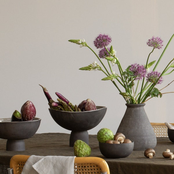 Unique pedestal bowl, Charcoal fruit bowl ceramic, Stoneware footed centerpiece, Handmade pottery, Housewarming aunt gift for him first home