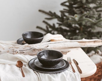 Black dinnerware set for 4, 6, 8, 10, 12 persons for Christmas, Stoneware dish set, Full ceramic table setting, Handmade pottery dinner set