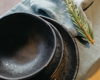 Black Ceramic Dish Set For 8, Complete 24 Pieces Dinner Set Pottery, Japanese Minimalist Dinnerware, Wabi Sabi Earthy Dinner Plate and Bowl