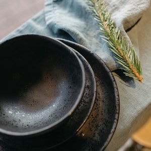 Black Ceramic Dish Set For 8, Complete 24 Pieces Dinner Set Pottery, Japanese Minimalist Dinnerware, Wabi Sabi Earthy Dinner Plate and Bowl