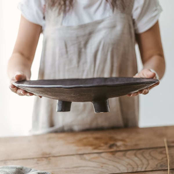 Big ceramic platter, Contemporary black farmhouse countertop decor, Large serving plate, Decorative centerpiece, Rustic housewarming gift