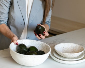 Fruit bowl pottery, Salad bowl ceramic, Mixing dish stoneware, Handmade popcorn bowl white, Decorative bowl modern Kitchen countertop decor