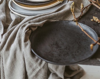 Large black plate stoneware, Rustic dinner plate, Organic handmade pottery tableware, Minimalist serving plate, Modern Farmhouse dinnerware